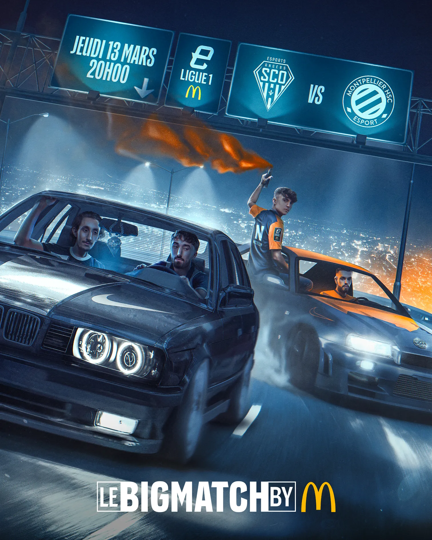Affiche Le Big Match by McDonald's du jeudi 13 mars, duel de voitures dans la nuit