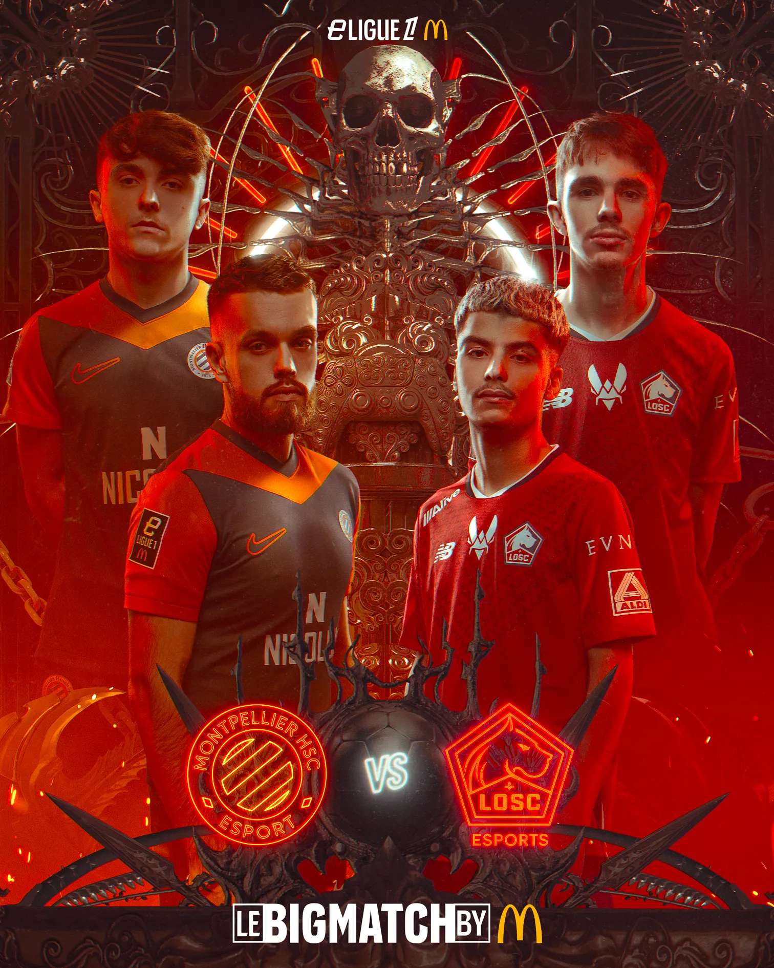 Affiche Le Big Match by McDonald's autour du trophée, décor rouge et flammes