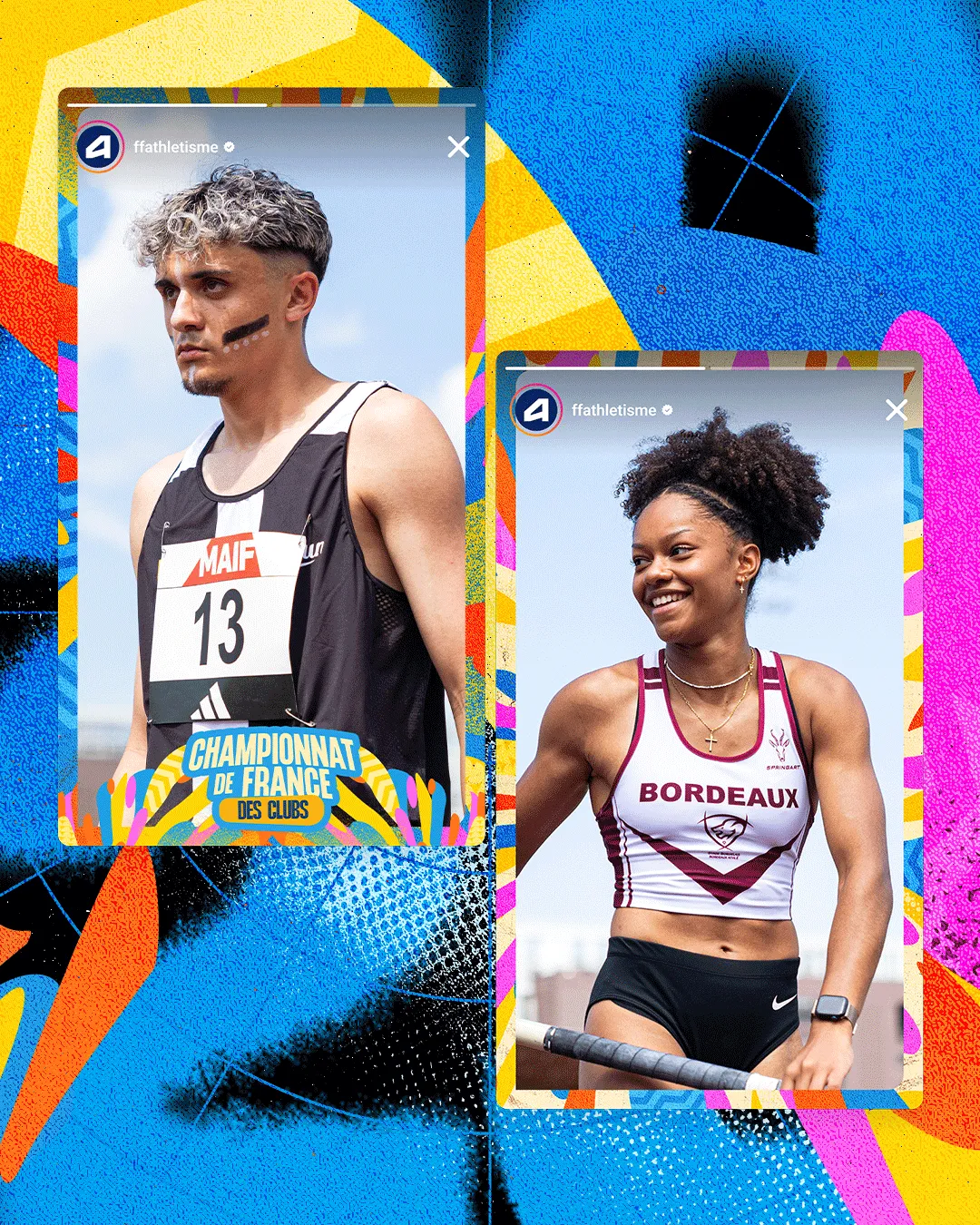Déclinaisons en story du Championnat de France des clubs, portraits d'athlètes découpés