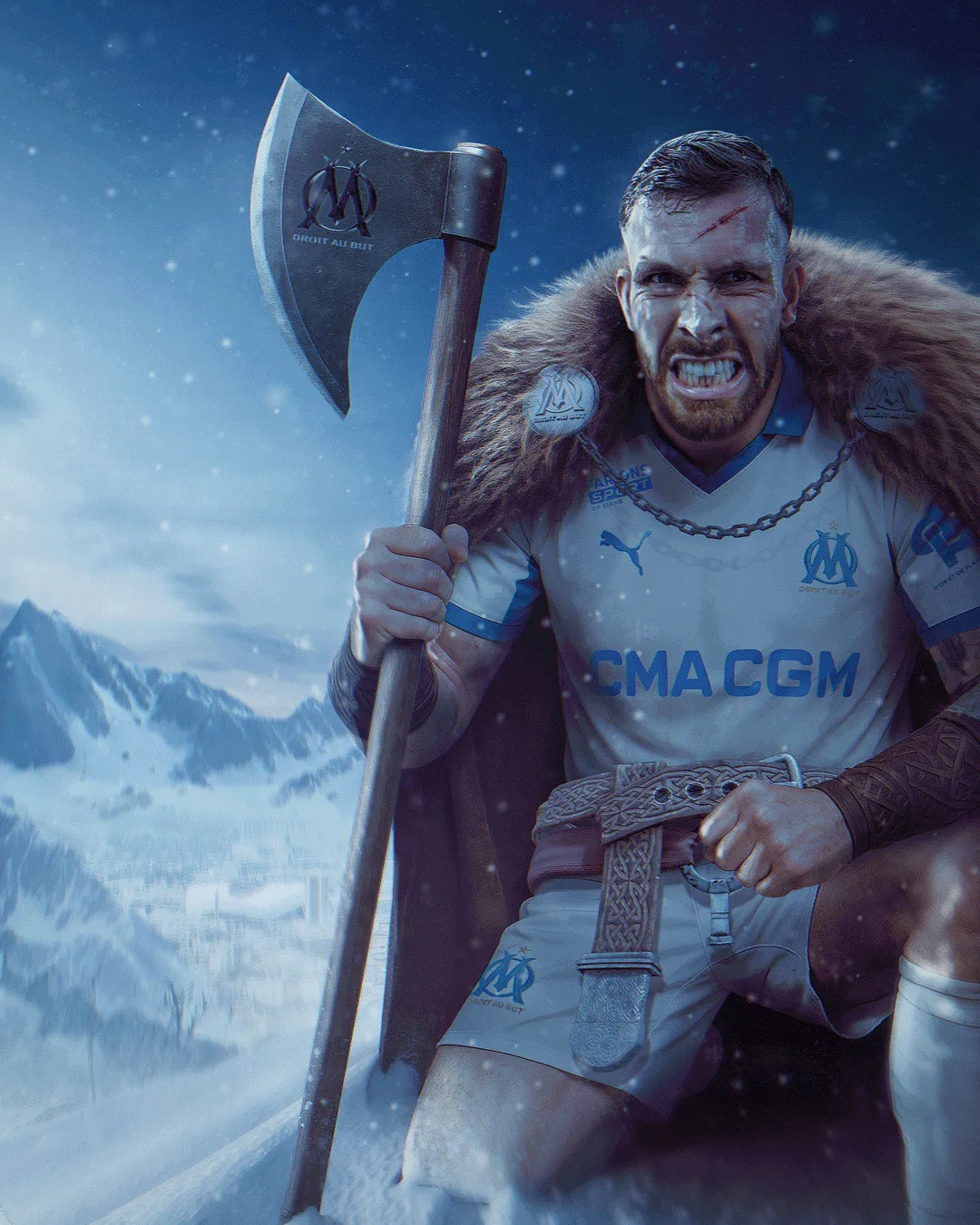 Visuel d'anniversaire pour l'Olympique de Marseille : joueur en guerrier viking, hache à la main