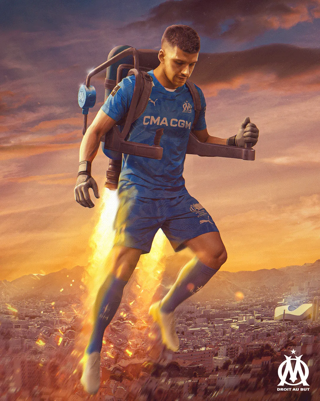 Visuel d'anniversaire de Gerónimo Rulli, gardien de l'Olympique de Marseille, courant au coucher du soleil