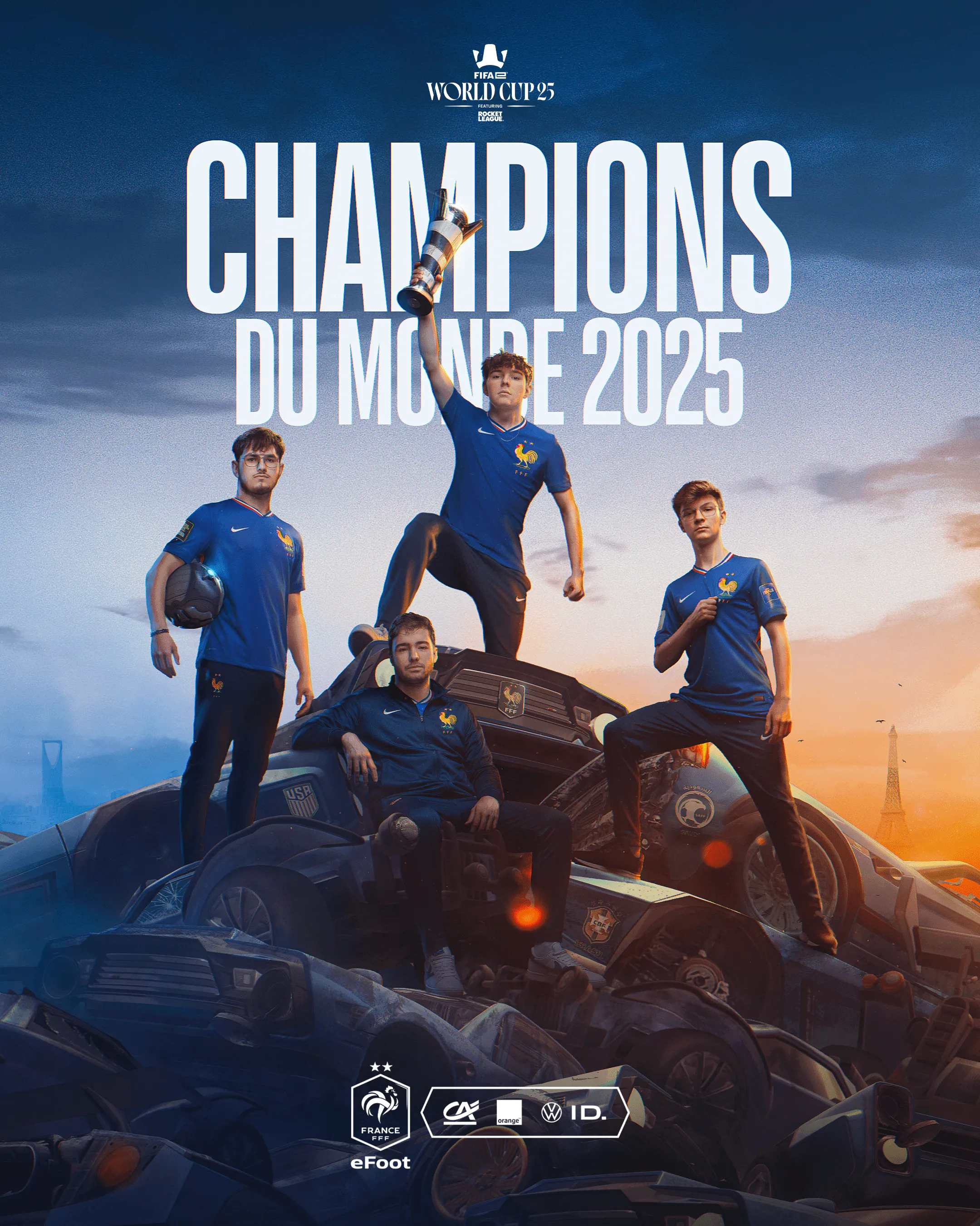 Visuel Champions du monde 2025 de l'équipe de France Rocket League, joueurs sur un décor rocheux