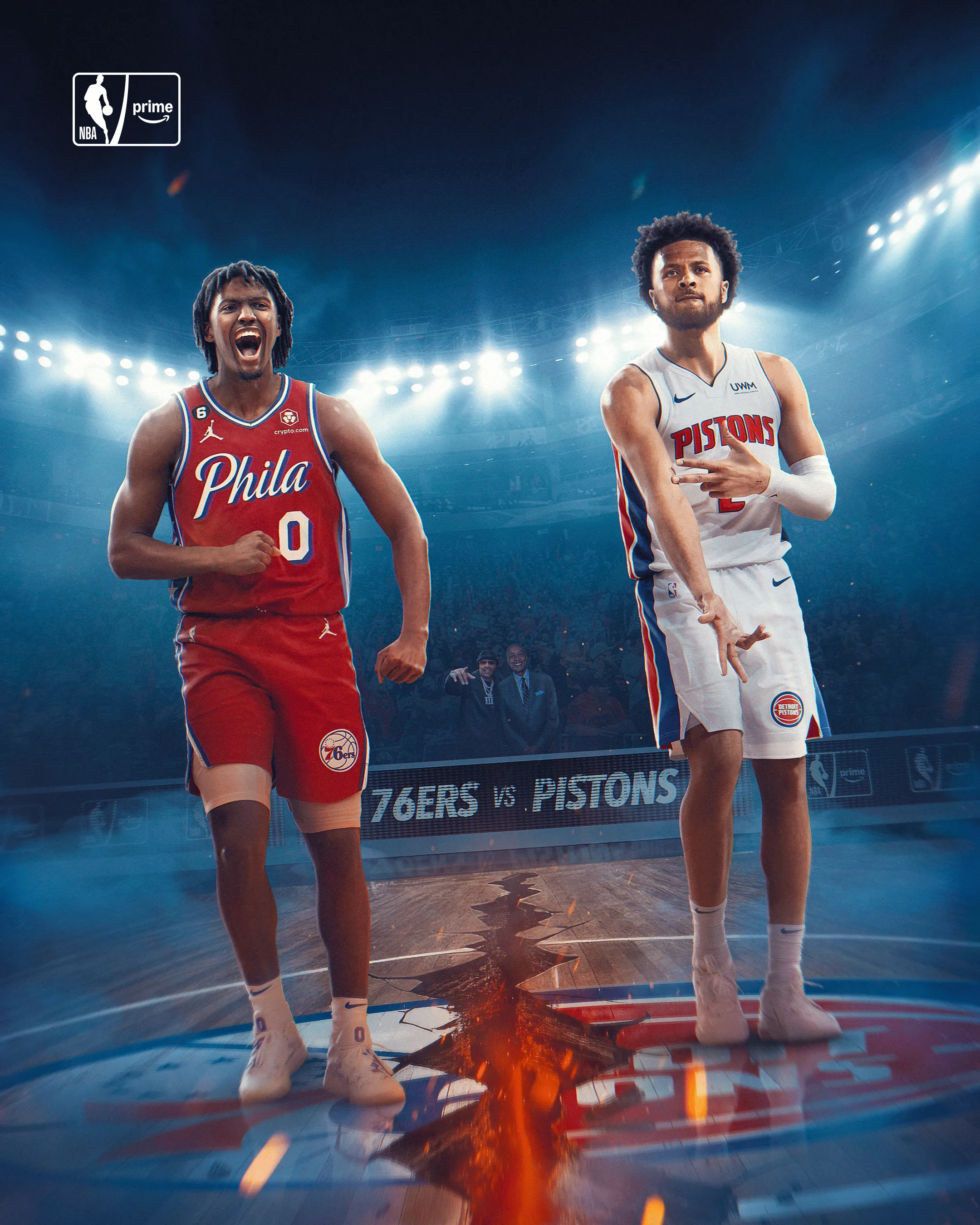 Visuel broadcast Philadelphia 76ers contre Detroit Pistons, joueurs face à face au centre du terrain