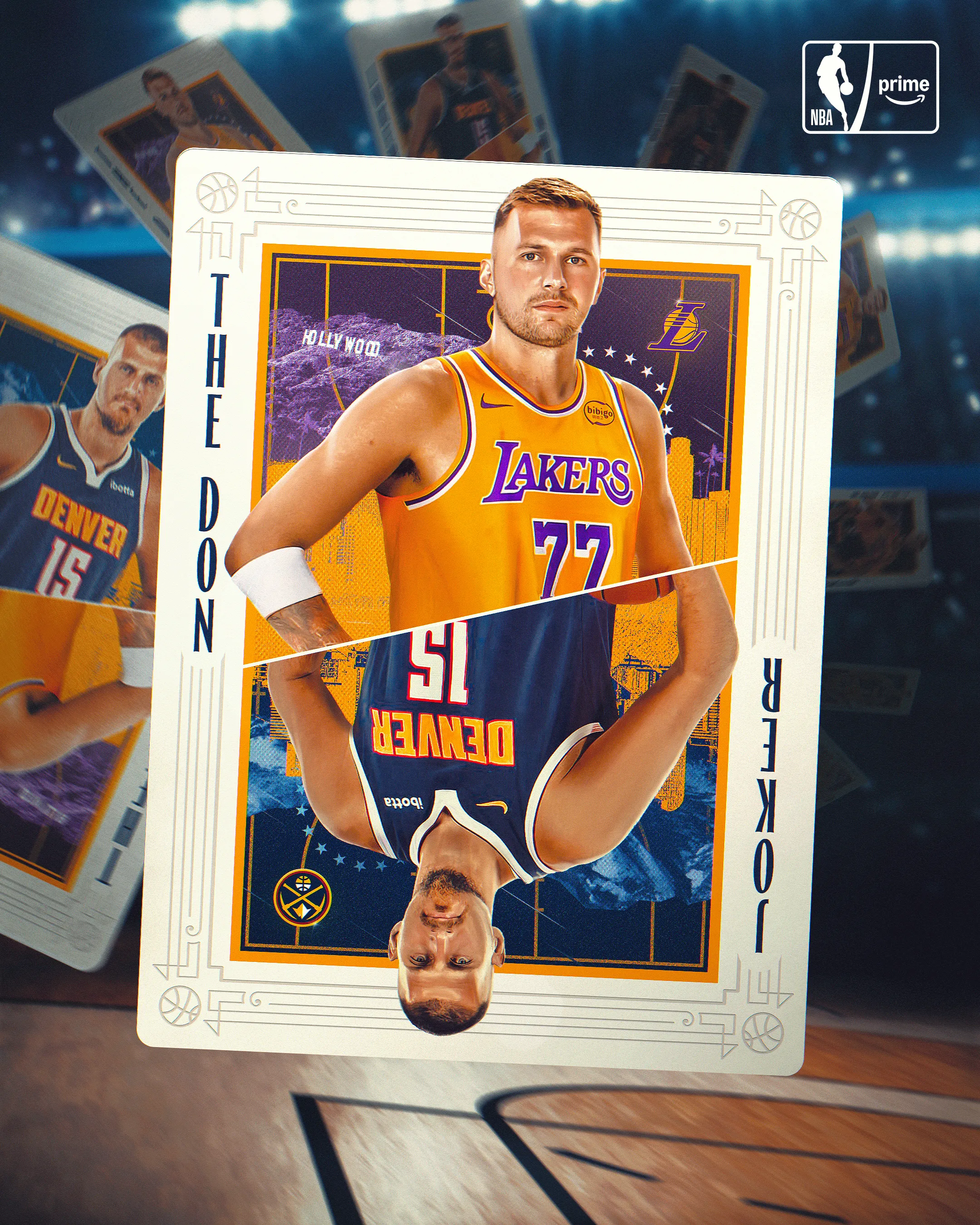 Carte à collectionner Luka Dončić sous le maillot des Los Angeles Lakers, éventail de cartes en arrière-plan