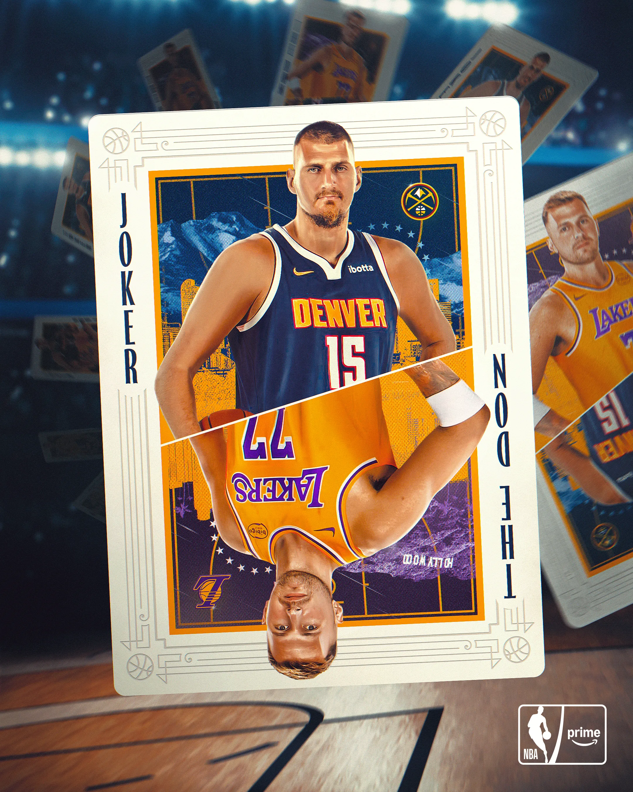 Carte à collectionner Nikola Jokić sous le maillot des Denver Nuggets, éventail de cartes en arrière-plan