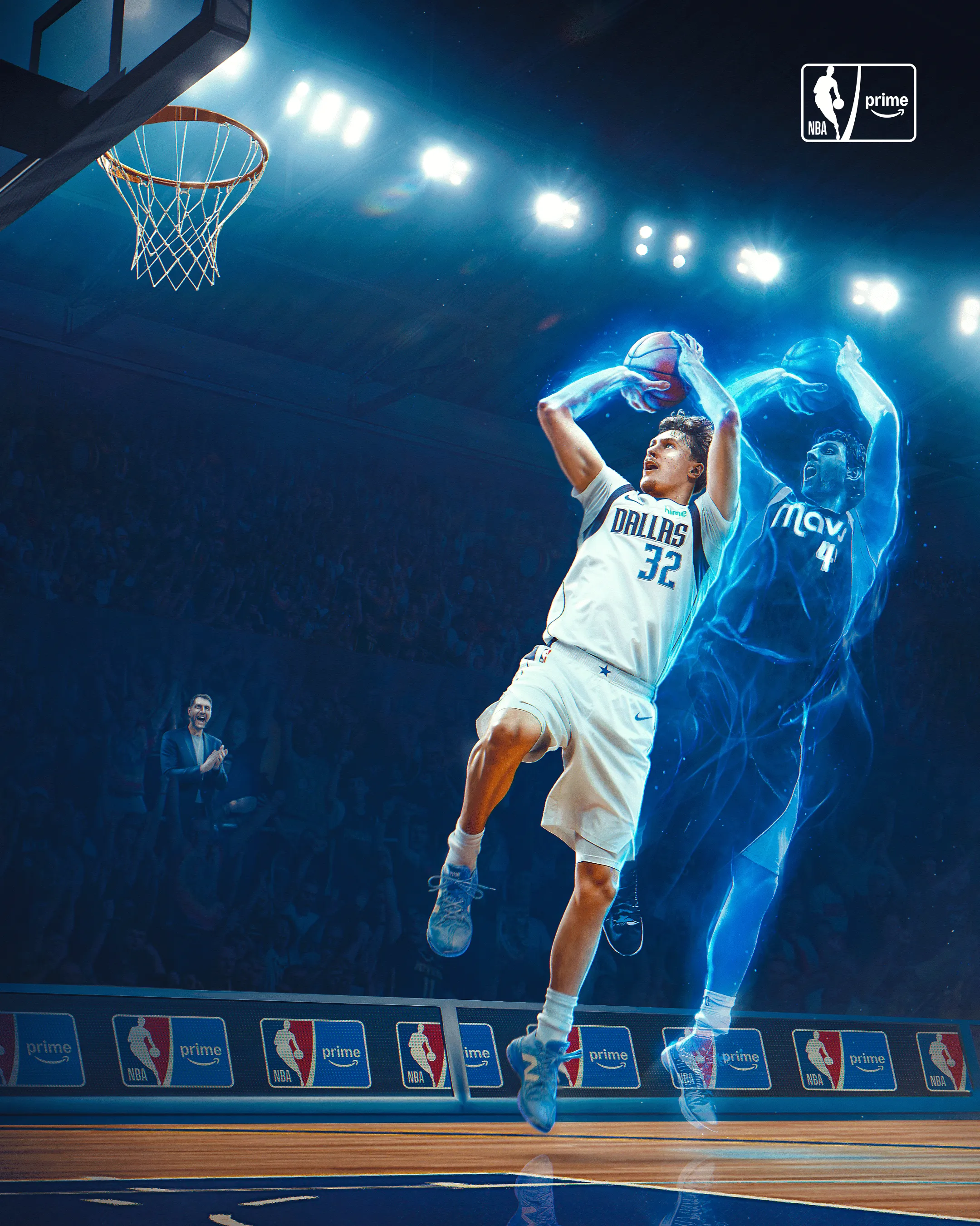 Visuel broadcast Flagg Meets Dirk Legacy : dunk sous le panier, ambiance bleutée des Dallas Mavericks
