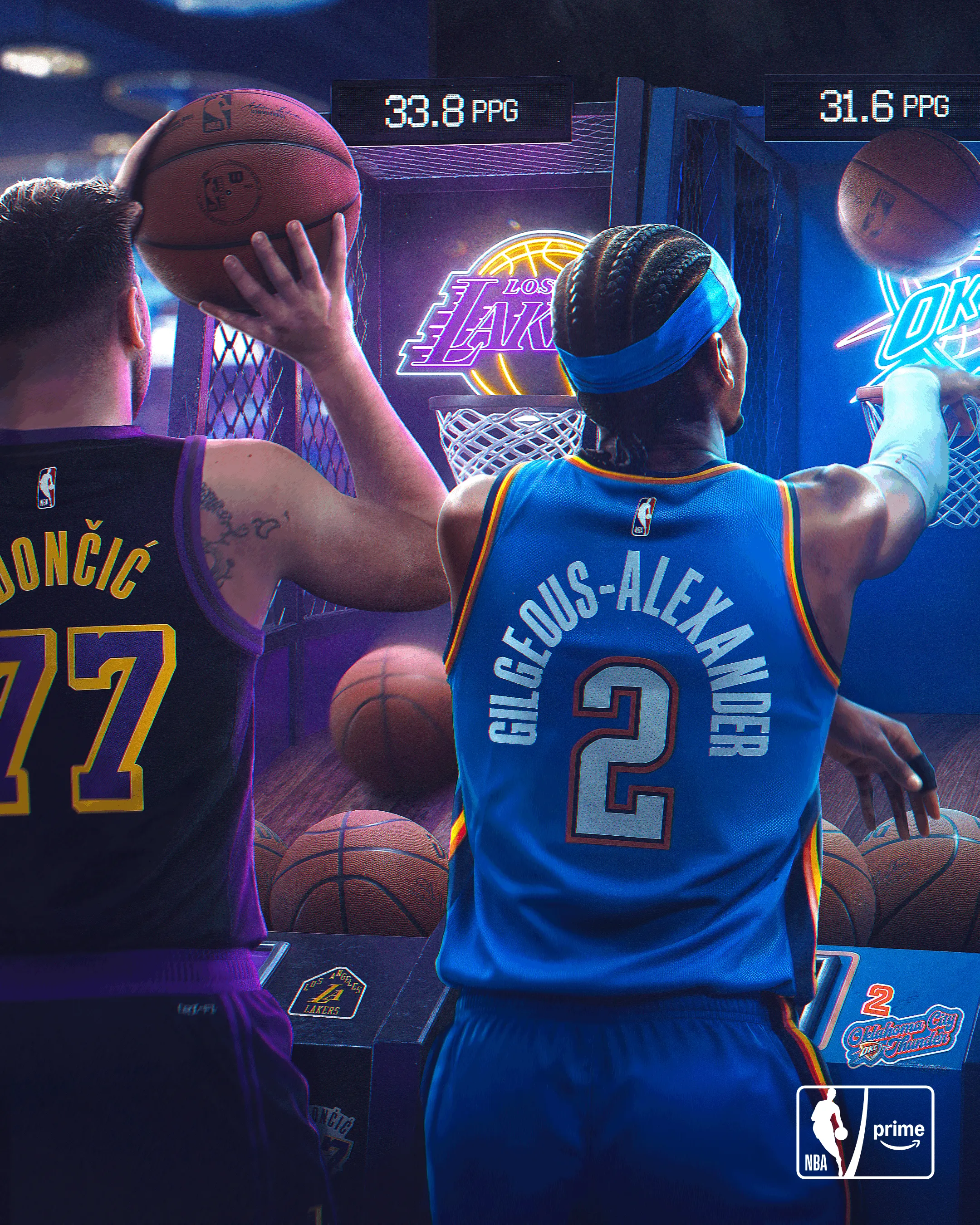 Visuel Pop-a-Shot NBA : duel de deux joueurs avec leurs statistiques de points affichées