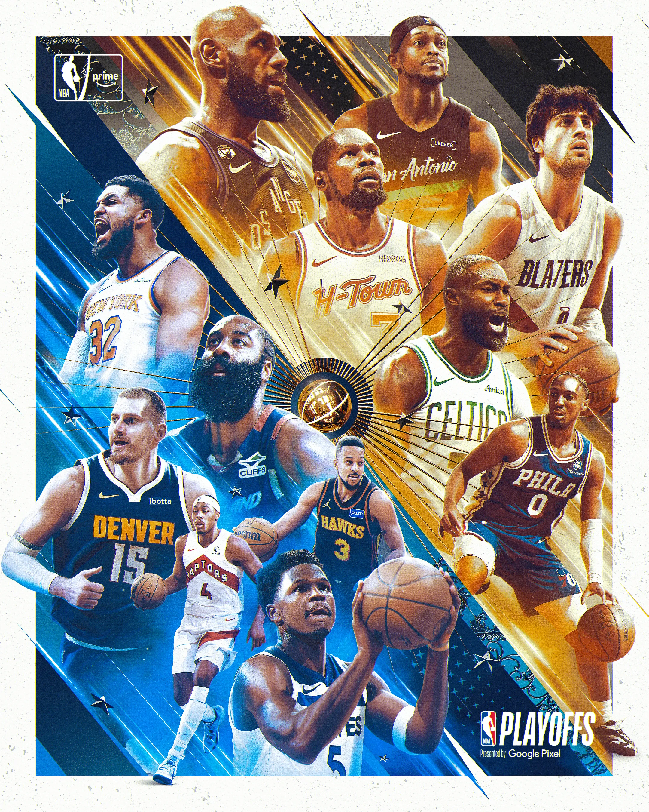 Visuel des playoffs NBA 2026 : montage panoramique des stars de la ligue