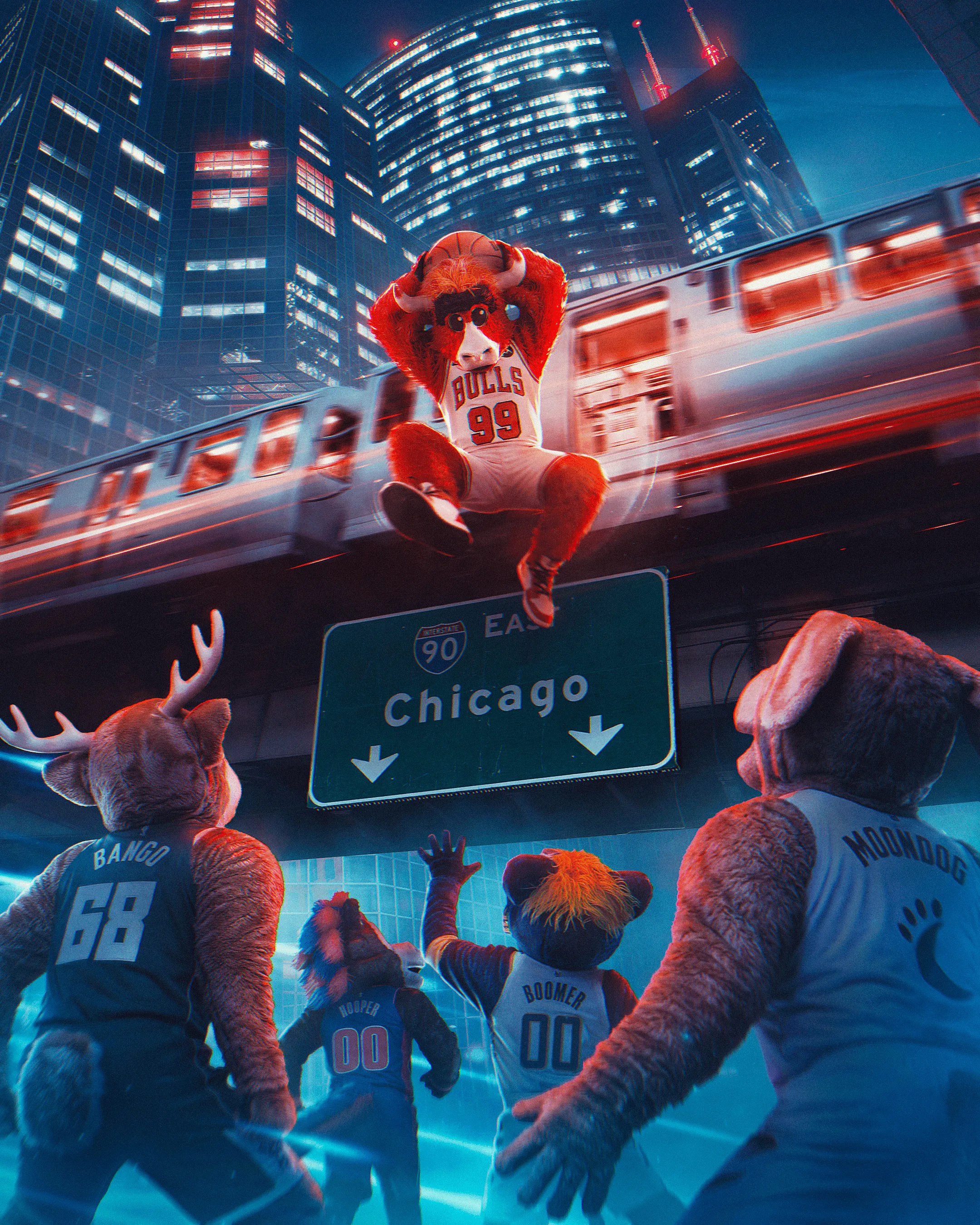 Visuel Chicago du calendrier NBA des Chicago Bulls : Benny face aux mascottes adverses dans une rue de la ville