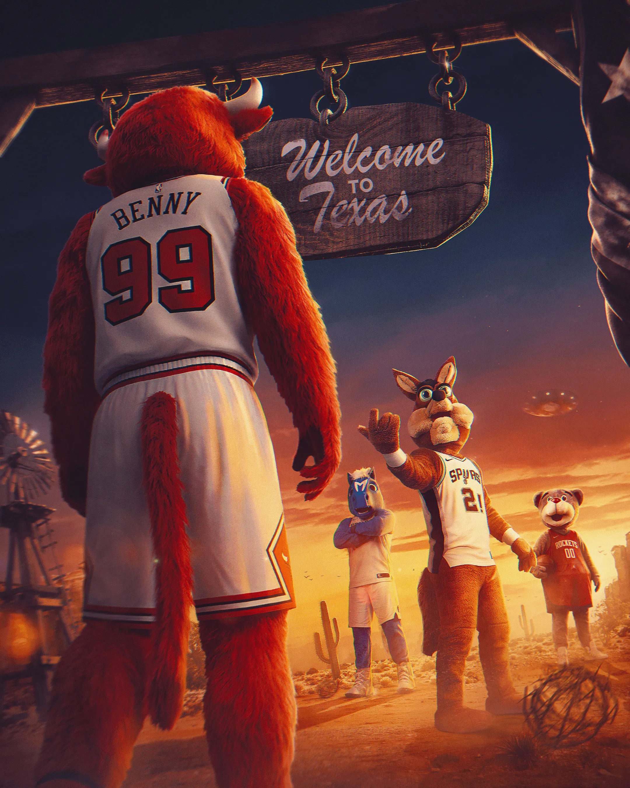 Visuel Texas Showdown du calendrier NBA des Chicago Bulls : la mascotte Benny sous une arche Welcome to Texas