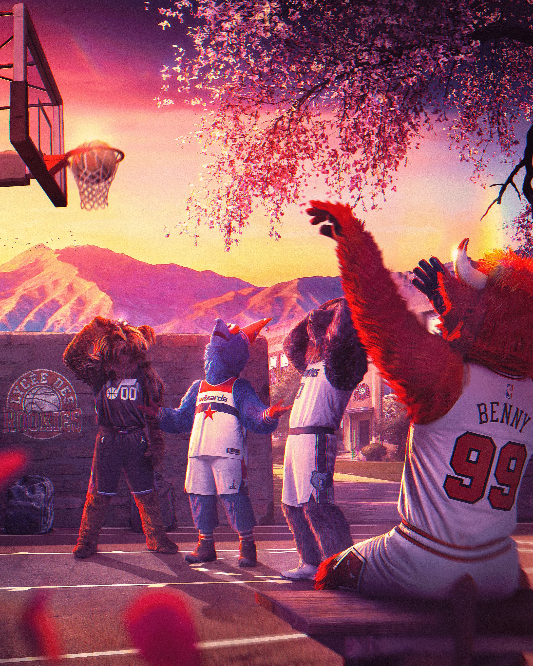 Visuel Rookies du calendrier NBA des Chicago Bulls : mascotte et panier de basket au coucher du soleil