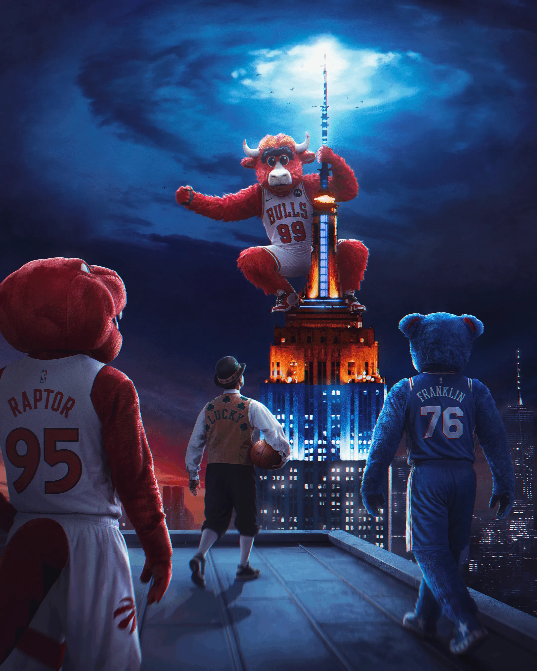 Visuel New York du calendrier NBA des Chicago Bulls : mascottes de la ligue devant les gratte-ciel de nuit