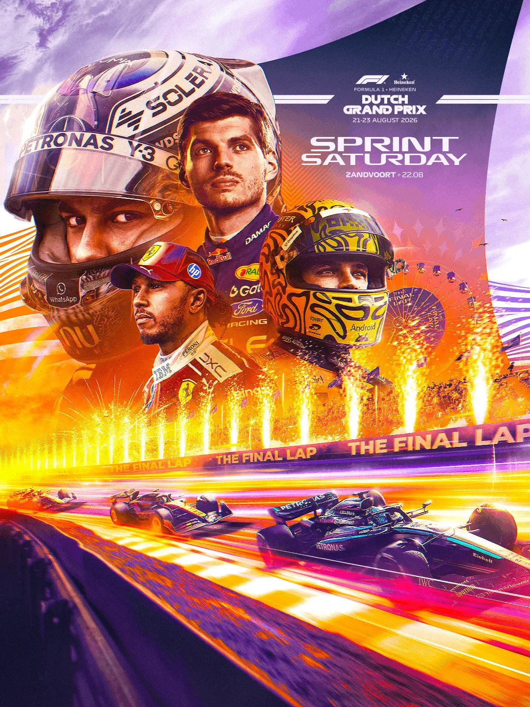 Affiche Qualifying Saturday du Dutch Grand Prix 2026 : pilote au casque devant une monoplace, dégradé orange et violet