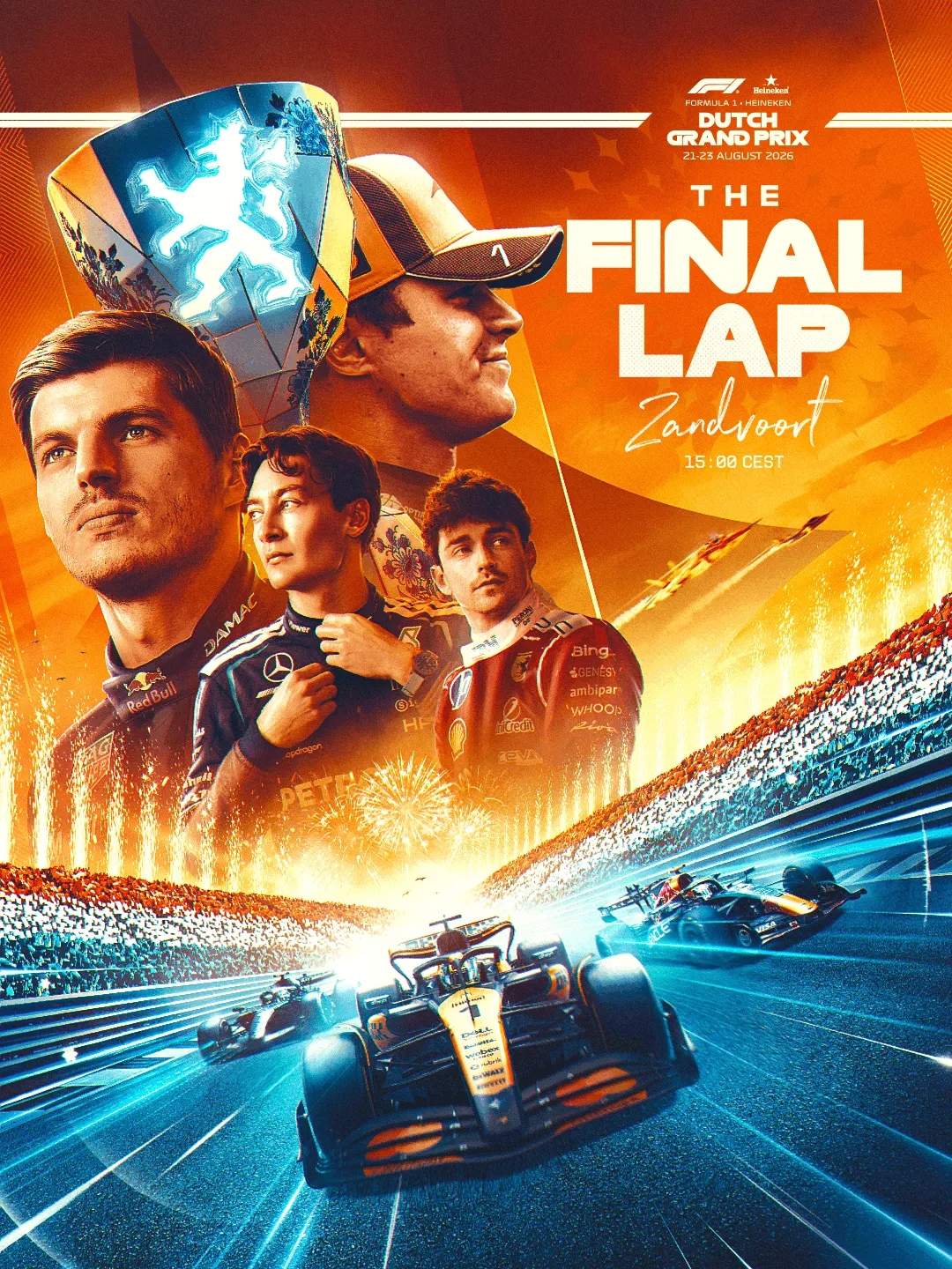 Affiche The Final Lap pour le dimanche de course à Zandvoort, monoplace de face et pilotes en surimpression