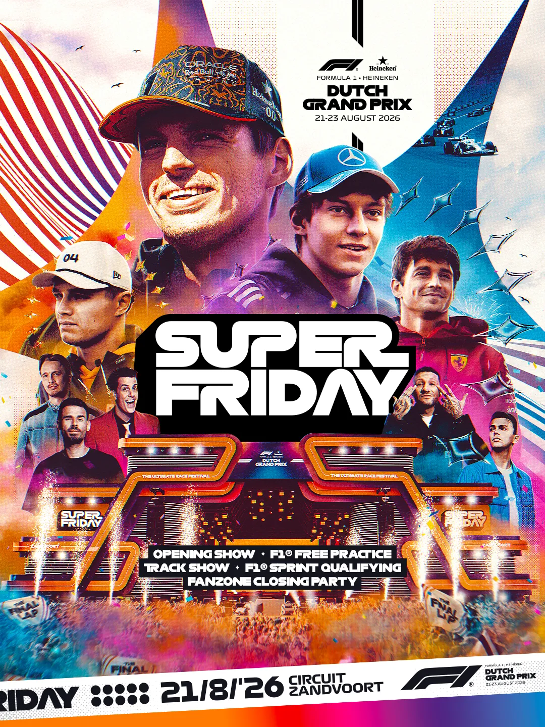 Affiche Super Friday du Dutch Grand Prix 2026, pilotes réunis sur fond orange