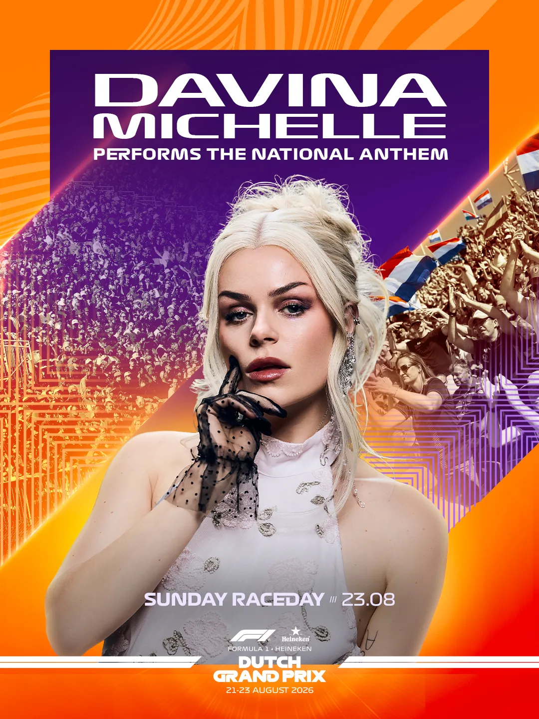 Annonce du National Anthem Show : portrait de Davina Michelle sur fond violet
