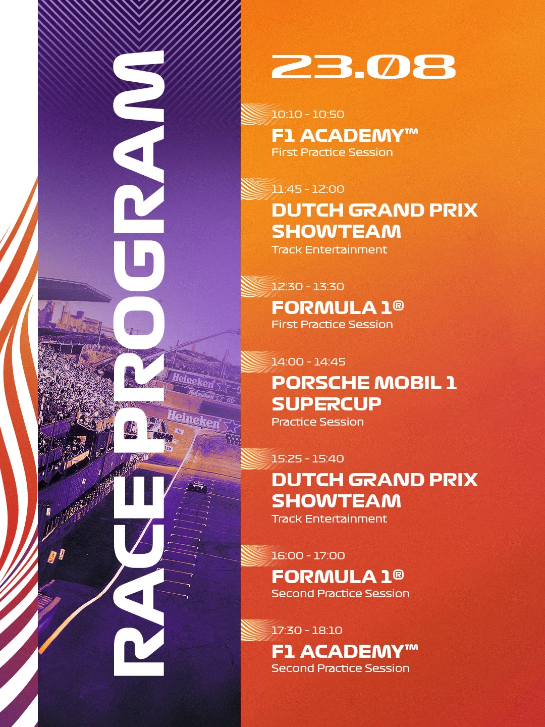 Programme du week-end de course du Dutch Grand Prix, composition typographique orange du 23.08