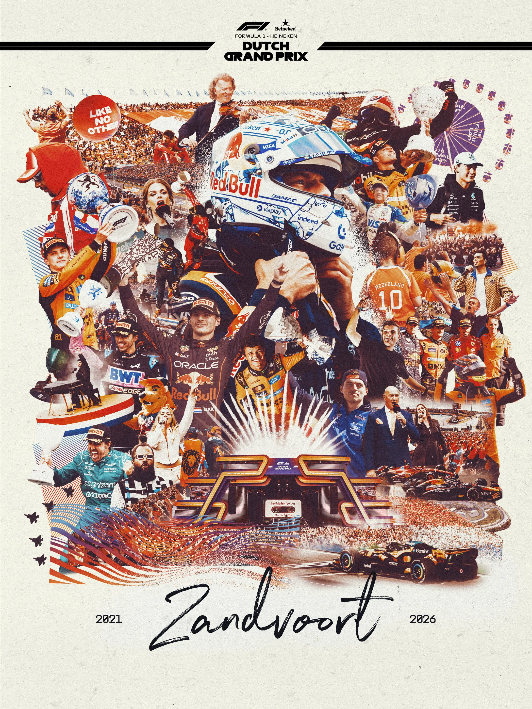 Affiche Zandvoort du Dutch Grand Prix 2026, composition panoramique de pilotes et de monoplaces