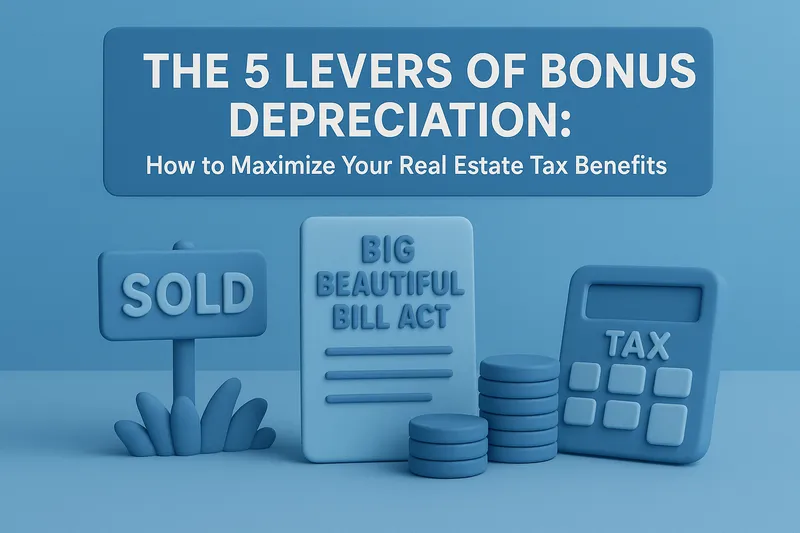 Blue 3D illustration showing the text 'The 5 Levers of Bonus Depreciation: How to Maximize Your Real Estate Tax Benefits' with icons representing sold sign, stacked coins, and a tax calculator.