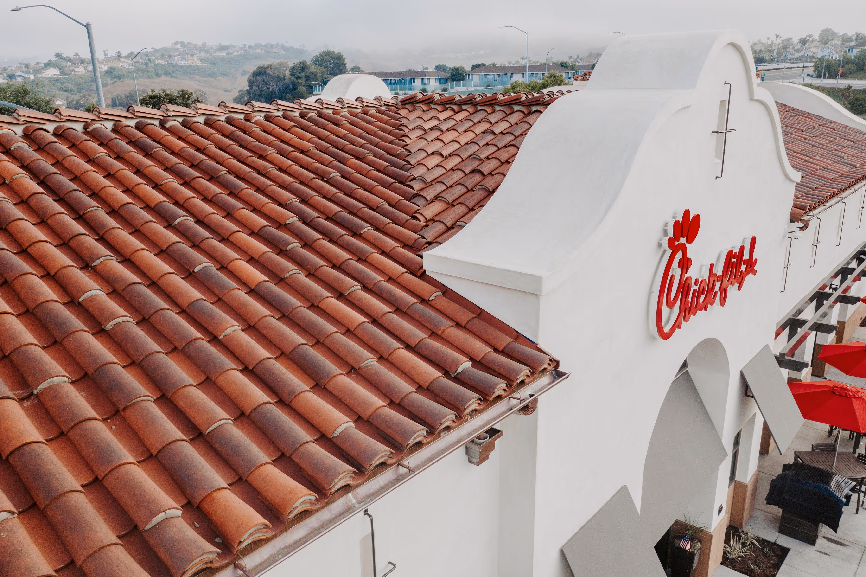 commercial clay tile roof installation on Chick-fil-A