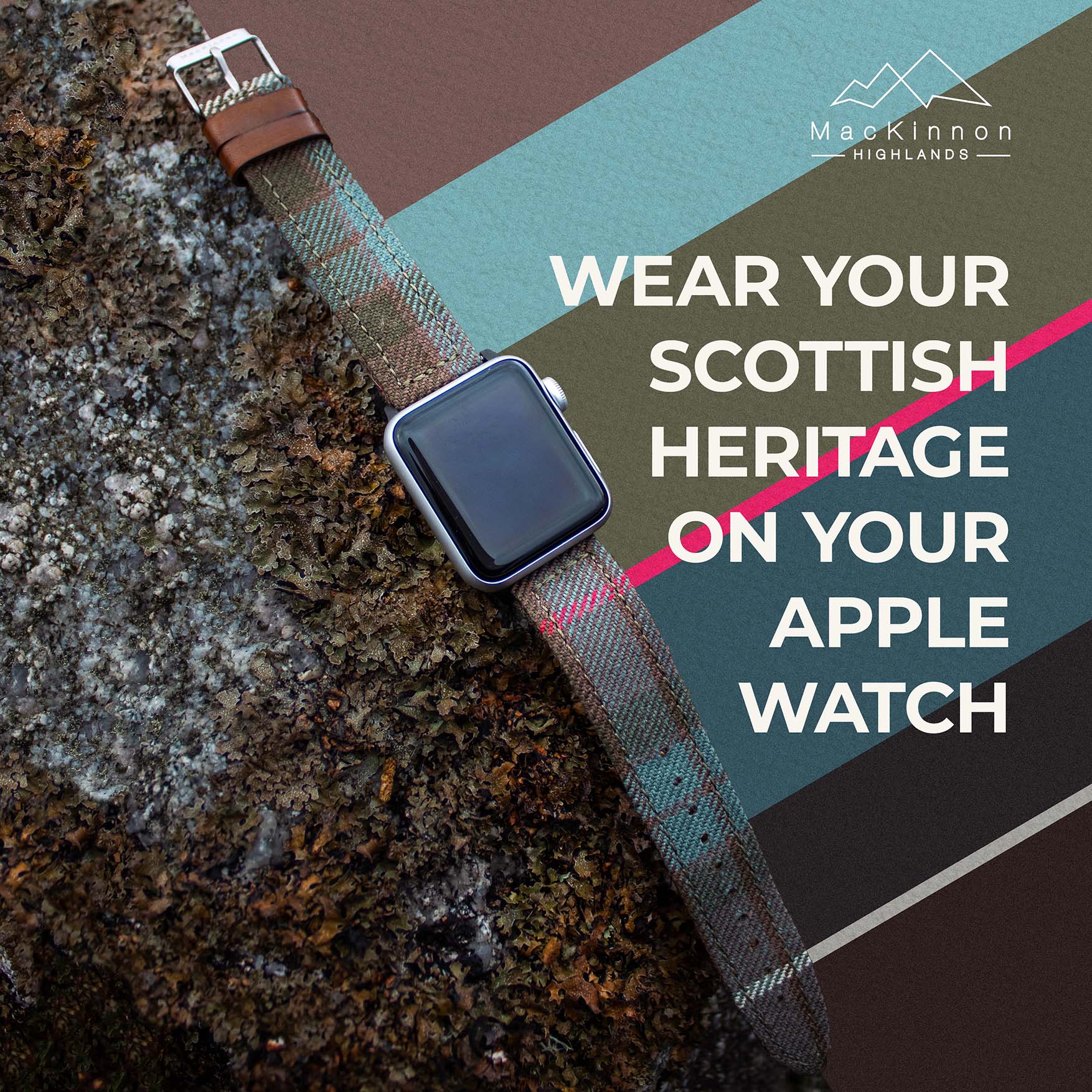 An Apple Watch on a rock with personalised MacKinnon strap with a graphic reading "Wear your Scottish heritage on your Apple Watch"