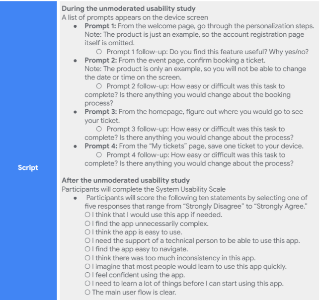 Script for usability testing