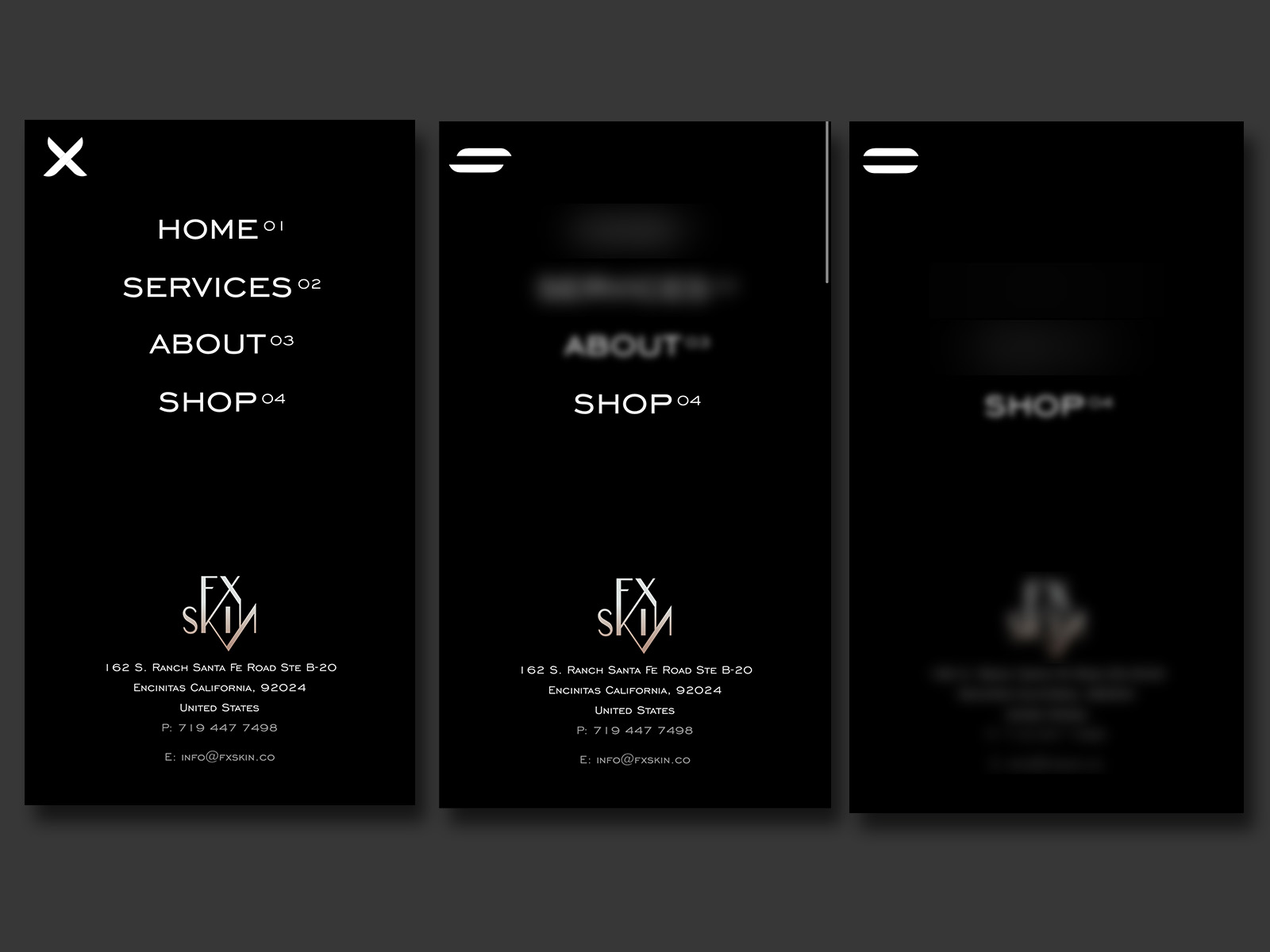 mobile menu animation example and visual identity for fxskin, a skin treatment center in san diego, California