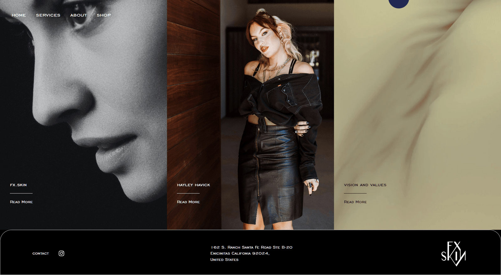 "about me" page and visual identity for fxskin, a skin treatment center in san diego, California