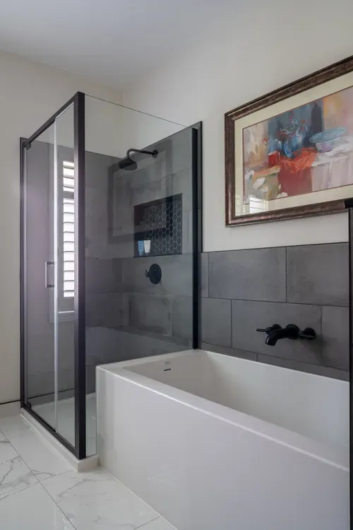 Close up of bathroom shower and bathtub