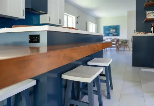 Close up of kitchen island details and stools