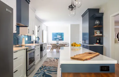 Wide view of kitchen space