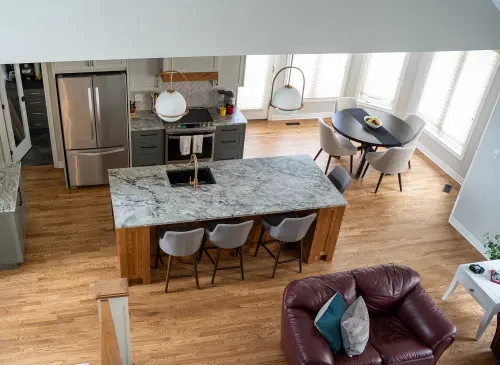 Overhead view of kitchen island and living room