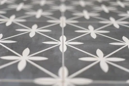 Detail shot of black and white star patterned floor tile