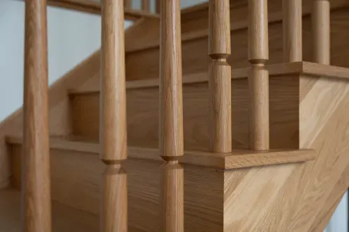 Detail shot of wooden staircase spindles
