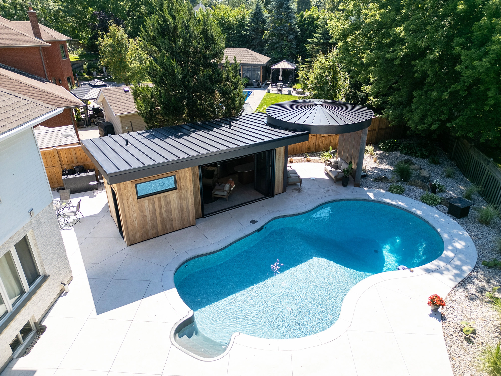 Aerial view of poolhouse and pool