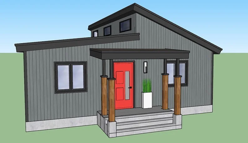 design concept of a grey cottage with a red door and black roof