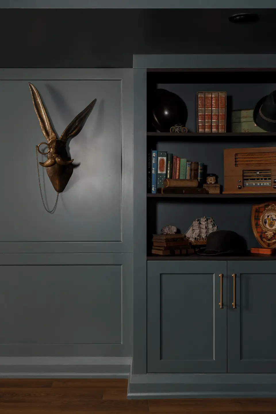 a shelving unit built into the wall