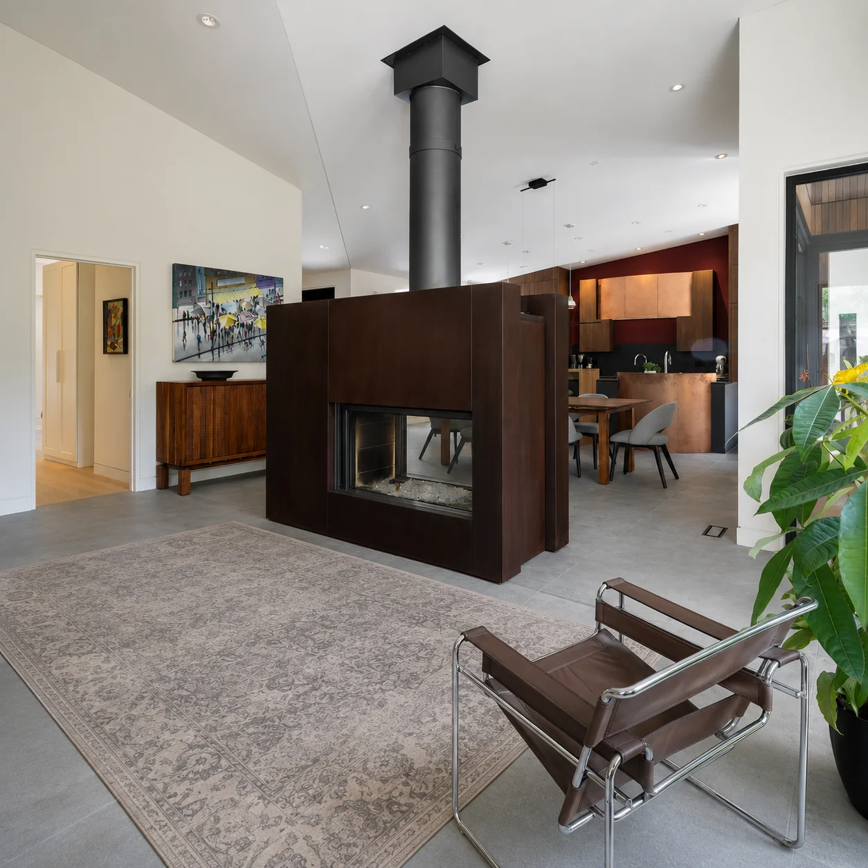 a large fireplace in the living space