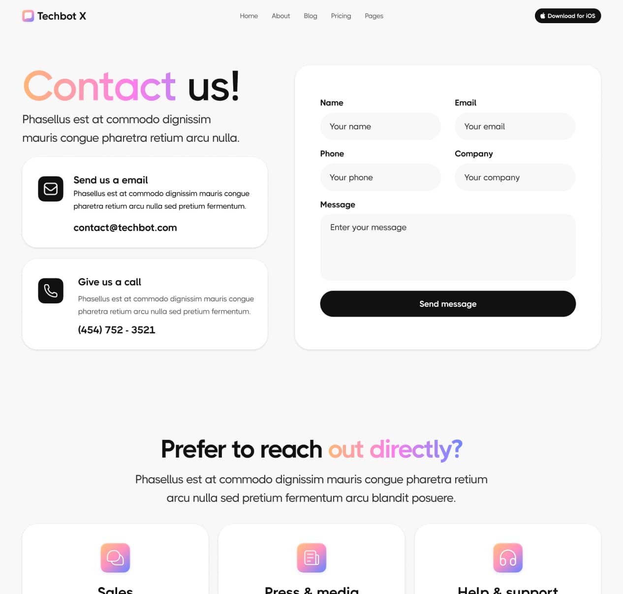 Techbot X - Contact V1 Page - AI App Webflow Template