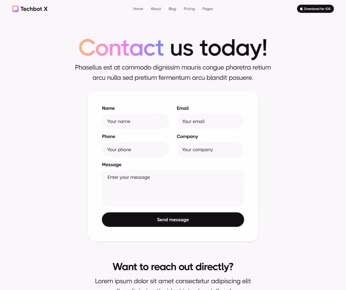 Techbot X - Contact V3 Page - AI App Webflow Template