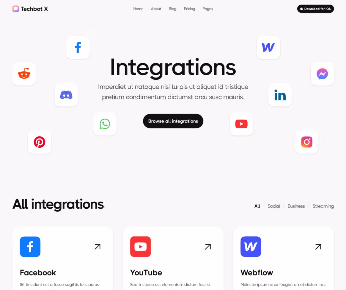 Techbot X - Integrations Page - AI App Webflow Template