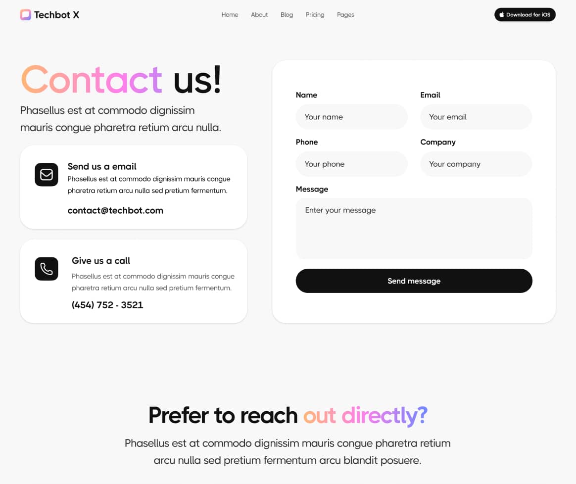 Techbot X - Contact V1 Page - AI App Webflow Template