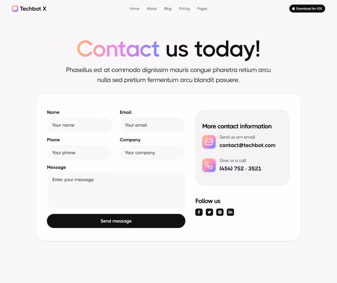 Techbot X - Contact V2 Page - AI App Webflow Template