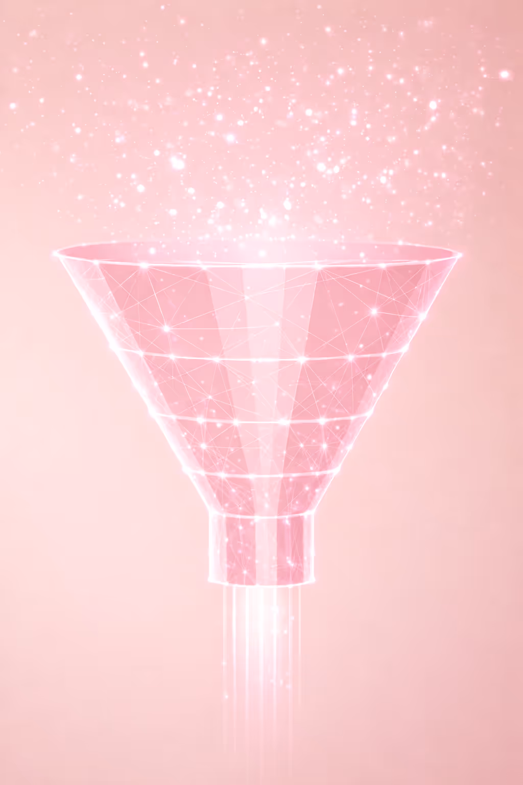 Translucent pink data funnel with glowing network connections and sparkling particles on a pink background.