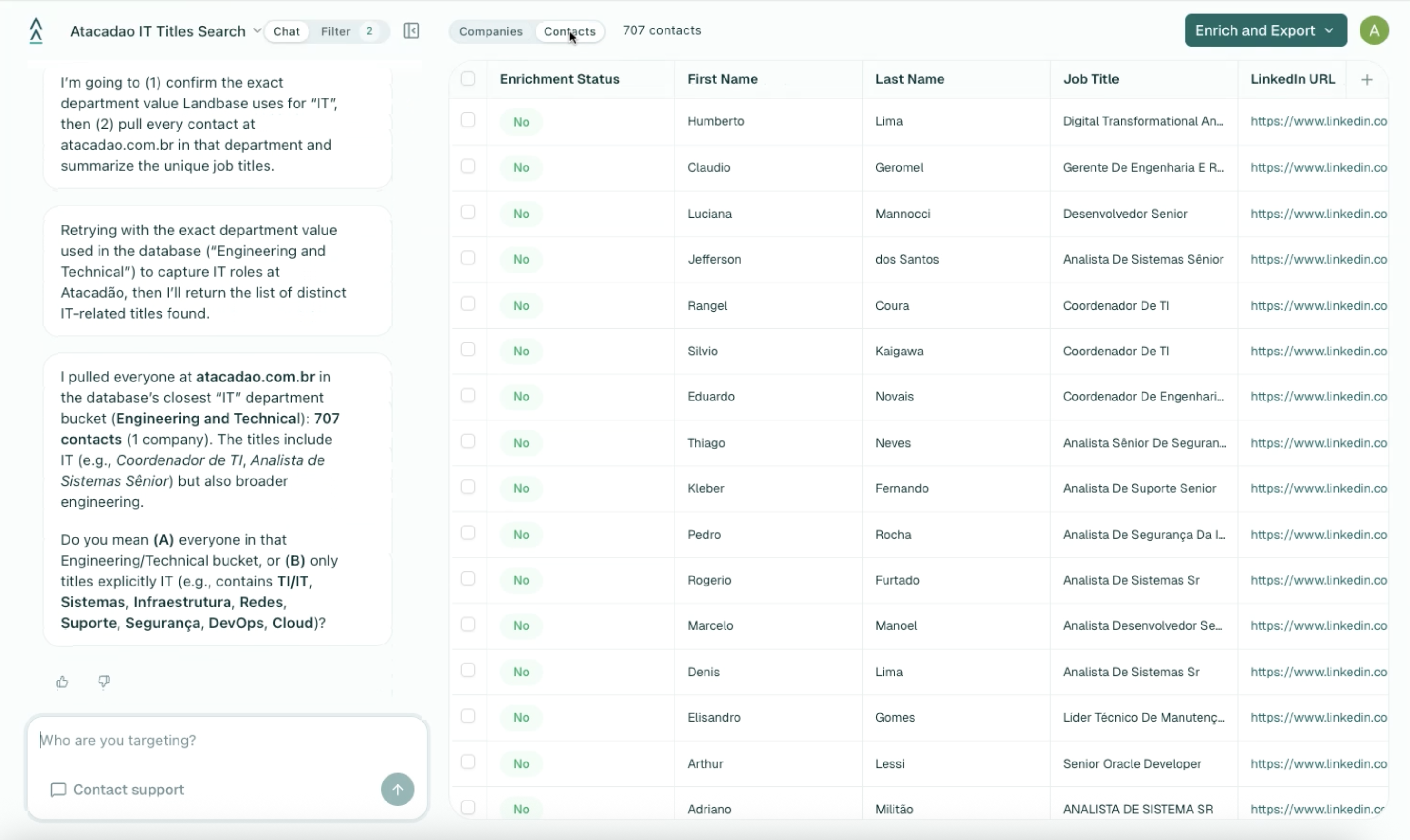 707 IT contacts returned for Atacadao with job titles visible