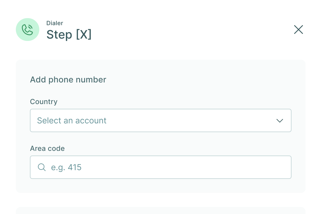 Dialer step panel with phone number, priority, and call script