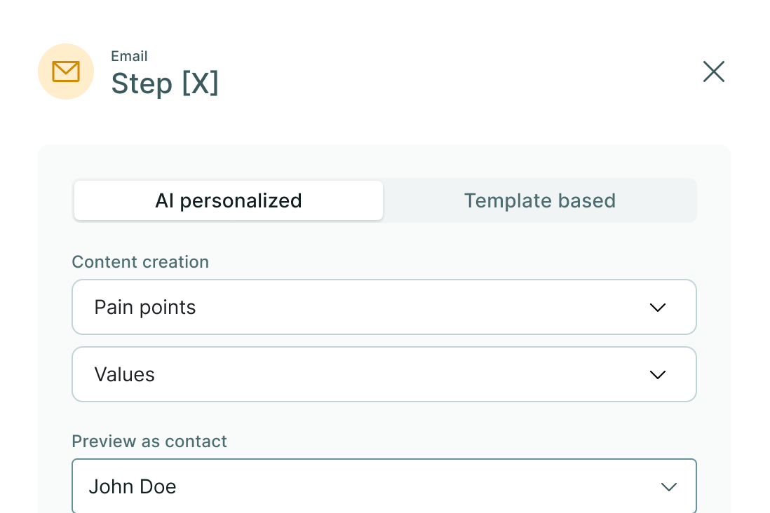Email step panel with AI personalized content, subject, and message editor