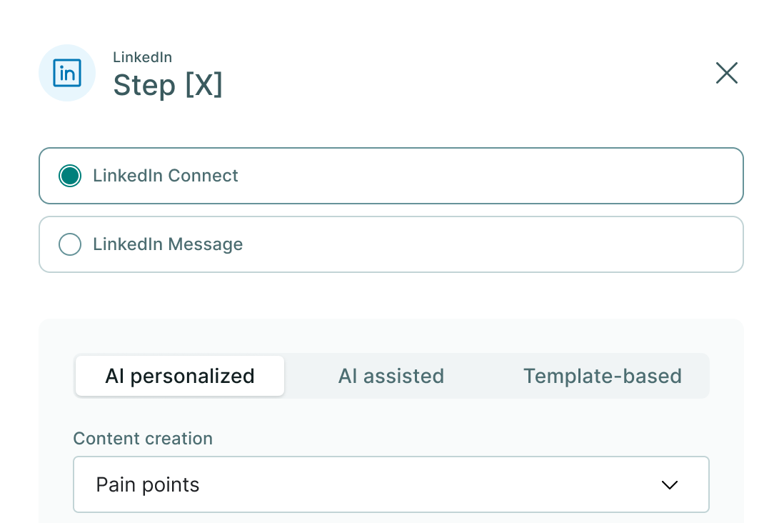 LinkedIn step panel with connect or message, AI personalization, and step goal