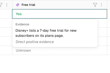 AI filter answering a custom question on each account with a yes, no, or unknown verdict and the evidence it found