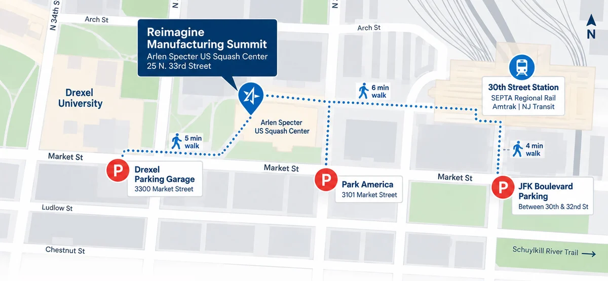 Map of parking and Regional Rail near the Arlen Specter US Squash Center